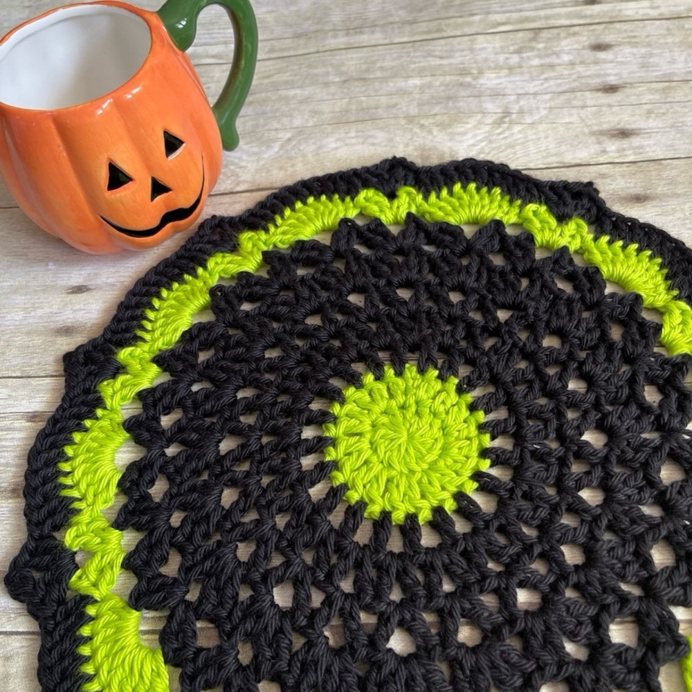 Green & Black Halloween 11 - 1/2 Inch Crochet Doily Centerpiece Handmade
